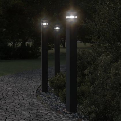 Външни подови лампи със сензори, 3 бр, черен, 110 см, алуминий