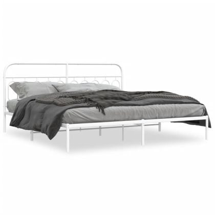 Метална рамка за легло с горна табла, бяла, 200x200 см