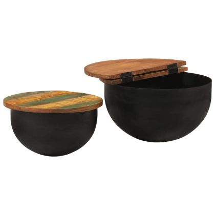 Комплект маси за кафе, 2 части, черен, регенерирано дърво масив