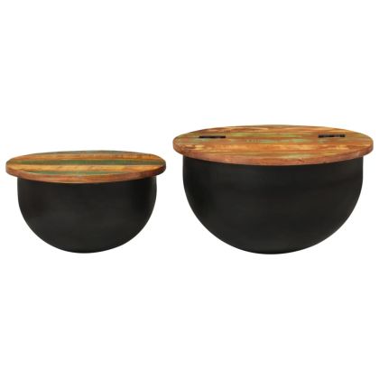 Комплект маси за кафе, 2 части, черен, регенерирано дърво масив