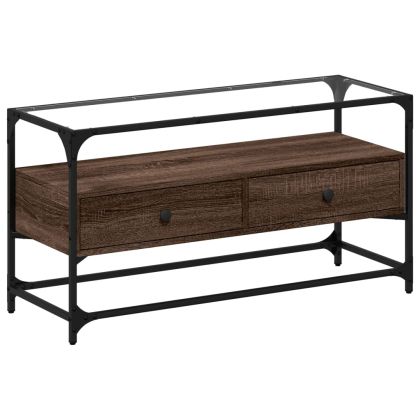 ТВ шкаф със стъклен плот кафяв дъб 98x35x51 см инженерно дърво