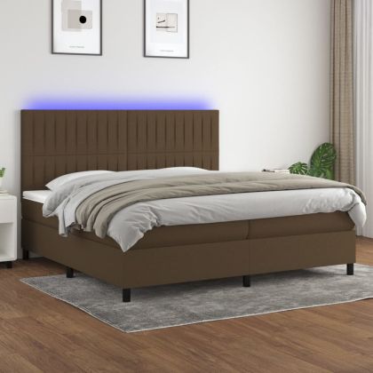 Боксспринг легло с матрак и LED, тъмнокафява, 200x200 см, плат
