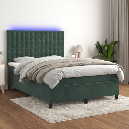 Боксспринг легло с матрак и LED, тъмнозелено, 140x200см, кадифе