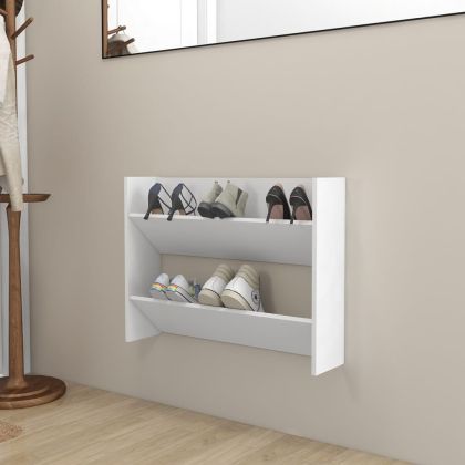 Стенен шкаф за обувки, бяло, 80x18x60 см, инженерно дърво