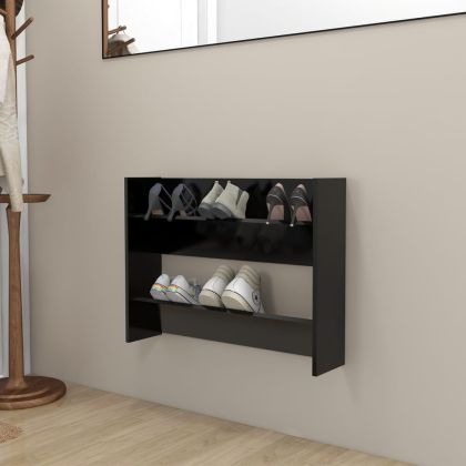 Стенен шкаф за обувки, черен, 80x18x60 см, инженерно дърво