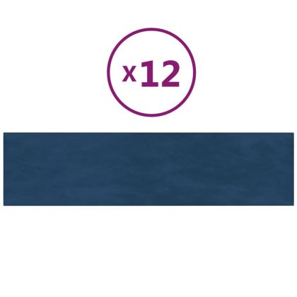 vСтенни панели, 12 бр, сини, 60x15 см, кадифе, 1,08 м²