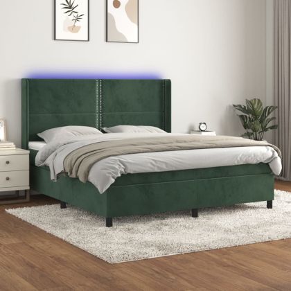 Боксспринг легло с матрак и LED, тъмнозелено, 160x200см, кадифе