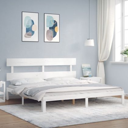 Рамка за легло с табла, бяла, 200x200 см, масивно дърво