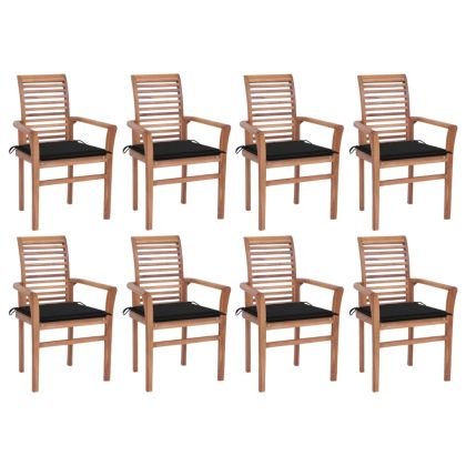 Трапезни столове, 8 бр, с черни възглавници, тиково дърво масив