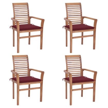 Трапезни столове, 4 бр, с виненочервени възглавници, тик масив