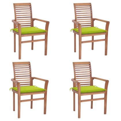 Трапезни столове, 4 бр, с яркозелени възглавници, тик масив