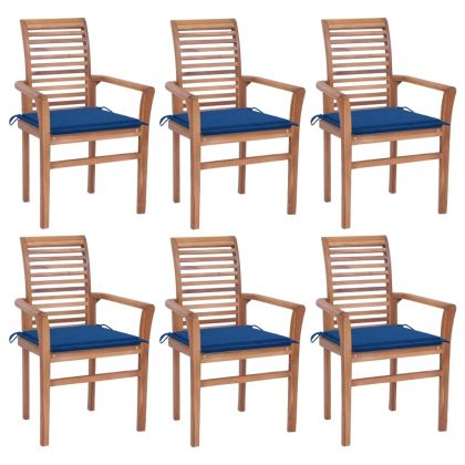 Трапезни столове 6 бр с кралскосини възглавници тик масив
