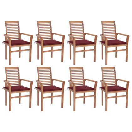 Трапезни столове, 8 бр, с виненочервени възглавници, тик масив