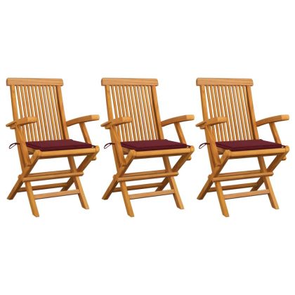 Градински столове с виненочервени възглавници 3 бр тик масив