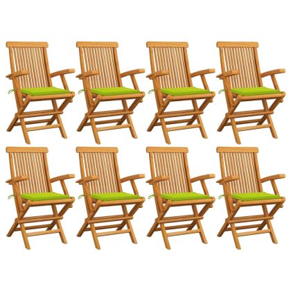Градински столове с яркозелени възглавници 8 бр тик масив