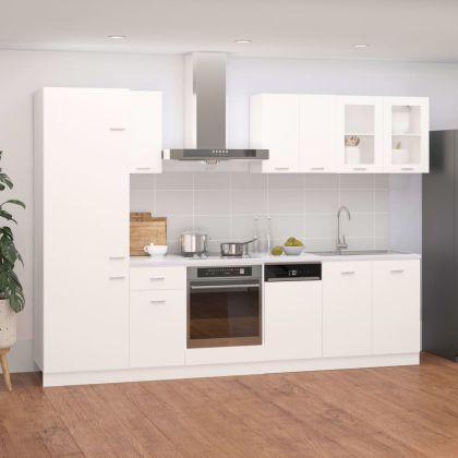 Комплект кухненски шкафове от 8 части, бял, ПДЧ