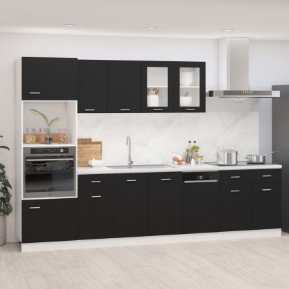 Комплект кухненски шкафове от 7 части, черен, инженерно дърво