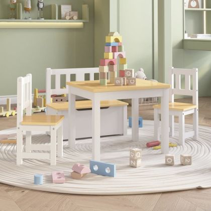 Детски комплект от 4 части маса и столове бяло и бежово МДФ
