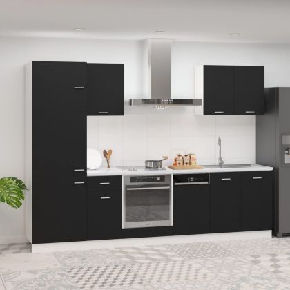 Комплект кухненски шкафове от 7 части, черен, инженерно дърво