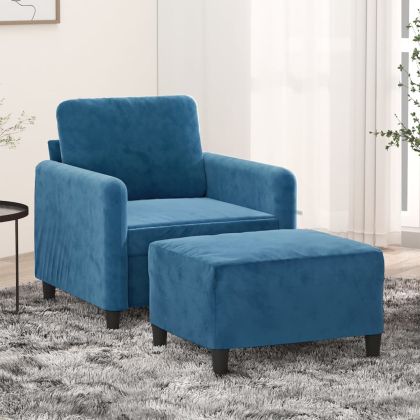 Кресло с табуретка, Синьо, 60 см, кадифе