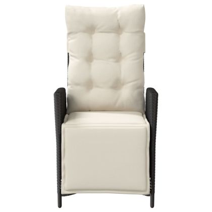 Накланящ се градински стол с опора за крака, черен, полиратан