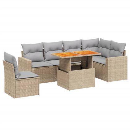 Градински диван с възглавници, 7 части, бежов полиратан