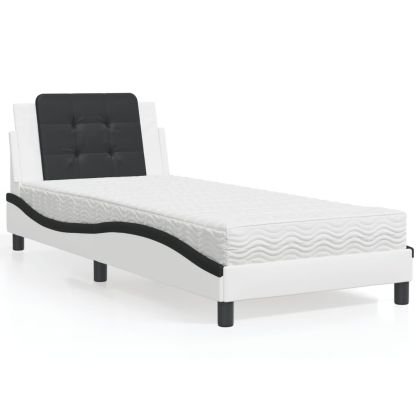 Легло с матрак, бяло и черно, 90x190 см, изкуствена кожа