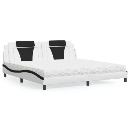 Легло с матрак, бяло и черно, 200x200 см, изкуствена кожа