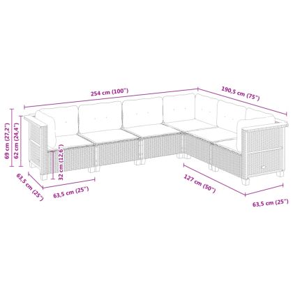 Градински диван с възглавници, 6 части, черен, полиратан