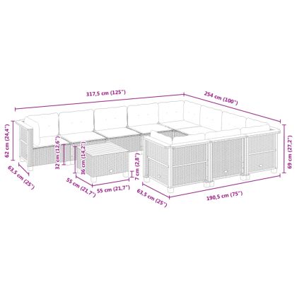 Градински комплект диван с възглавници 11 части черен полиратан