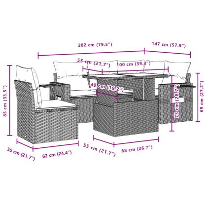 Градински диван с възглавници, 6 части, полиратан, сив