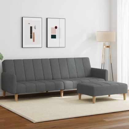 2-местен диван с табуретка, тъмносив, текстил