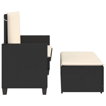 Градинска пейка с възглавници и табуретка, черна, полиратан