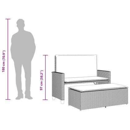Градинска пейка с възглавници и табуретка, черна, полиратан