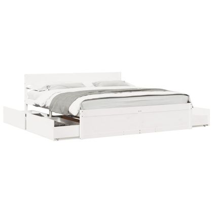 Рамка за легло с чекмеджета, бяло, 200x200 см, бор масив
