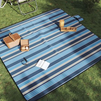 Одеяло за пикник сгъваемо синьо и бяло райе 200x200 см кадифе
