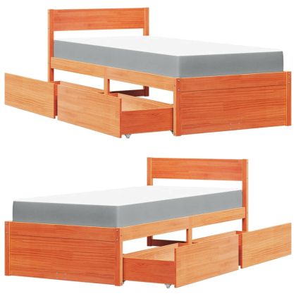 Легло с чекмеджета и матрак восъчнокафяво 90x200 см бор масив