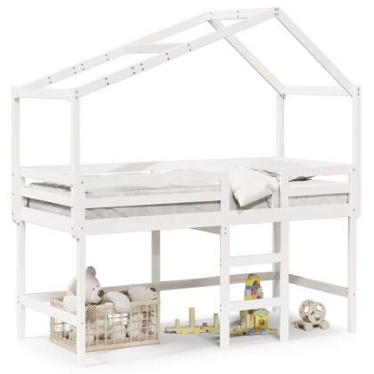Таванско легло със стълба и покрив, бяло, 90x200 см, бор масив