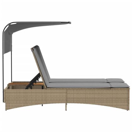 Двоен шезлонг със сенник и възглавници бежов микс полиратан