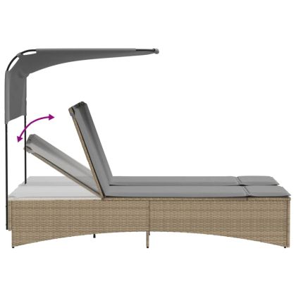Двоен шезлонг със сенник и възглавници бежов микс полиратан