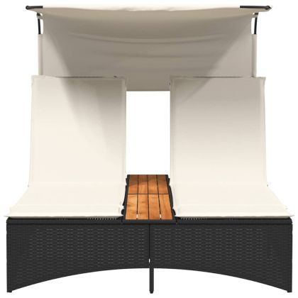 Двоен шезлонг със сенник и възглавници черен полиратан