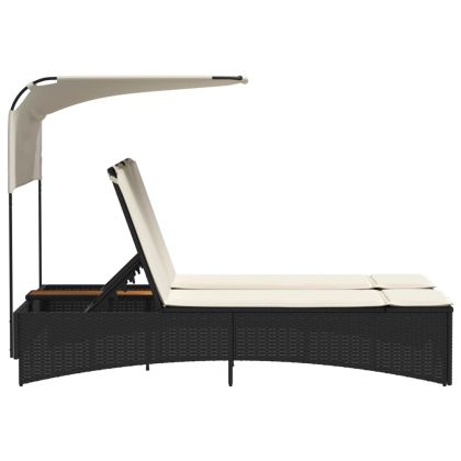 Двоен шезлонг със сенник и възглавници черен полиратан