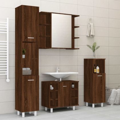 Комплект шкафове за баня от 4 части инженерно дърво кафяв дъб