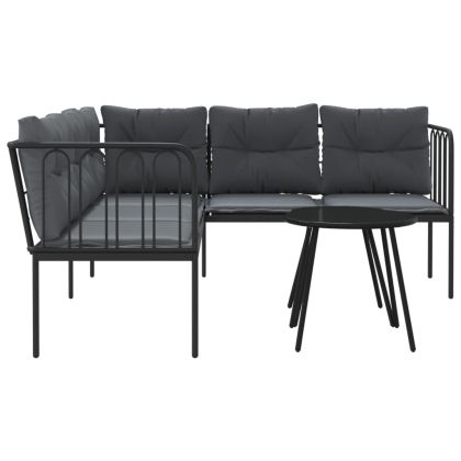 Градински диван с възглавници, черен, стомана и текстилен