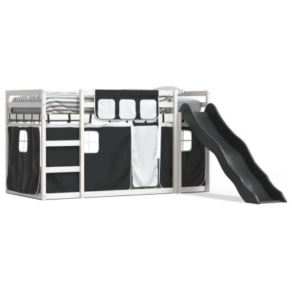 Двуетажно легло с пързалка и завеси, бяло и черно, 80x200 см