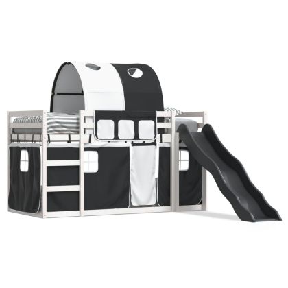 Двуетажно легло с пързалка и завеси, бяло и черно, 80x200 см