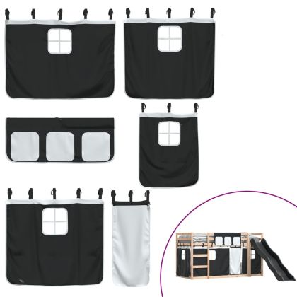 Двуетажно легло с пързалка и завеси, бяло и черно, 90x190 см