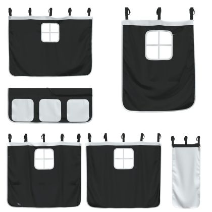 Двуетажно легло с пързалка и завеси, бяло и черно, 90x190 см