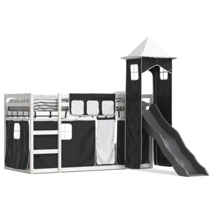 Двуетажно легло с пързалка и завеси, бяло и черно, 90x190 см
