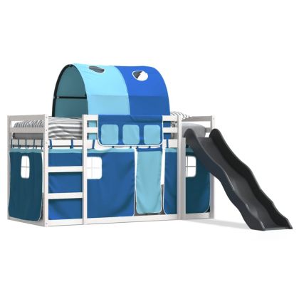 Двуетажно легло с пързалка и завеси, синьо, 90x200 см